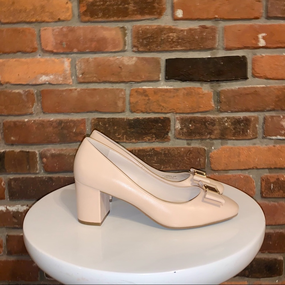 Cole Haan Blush Pink Block Heel Pumps with Bow Accent